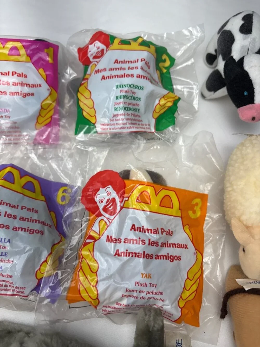 1997 McDonalds Animal Pals Happy Meal Plush Toys Set Panda Yak Babe Rhino Fun